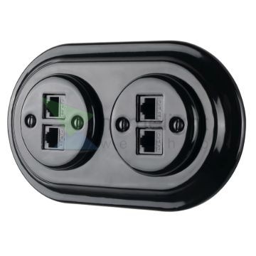 Dupla RJ45 aljzat – fekete porcelán kerettel (2×RJ45, CAT5e/CAT6)