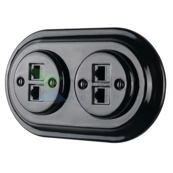 Dupla RJ45 aljzat – fekete porcelán kerettel (2×RJ45, CAT5e/CAT6)