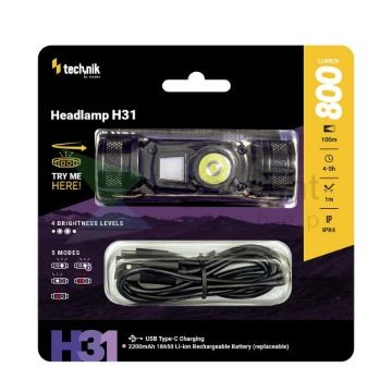 Technik Fejlámpa H31 (+1x18650) OSRAM P9 + red light + USB-C (800 lumen)