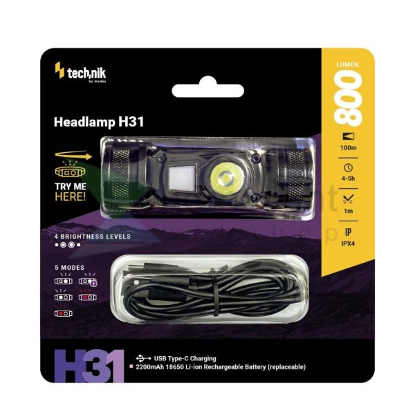 Technik Fejlámpa H31 (+1x18650) OSRAM P9 + red light + USB-C (800 lumen)