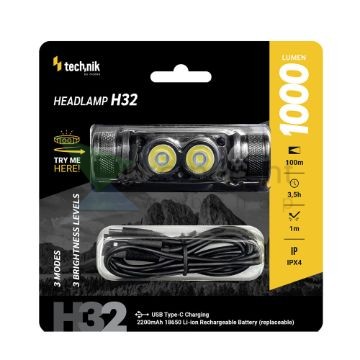 Technik Fejlámpa H32 (+1x18650) OSRAM P9 + USB-C (1000 lumen)