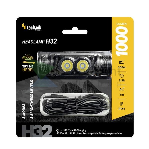 Technik Fejlámpa H32 (+1x18650) OSRAM P9 + USB-C (1000 lumen)