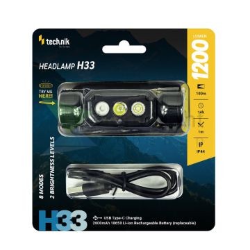 Technik Fejlámpa H33 (+1x18650) SST20 LED + USB-C (1200 lumen)