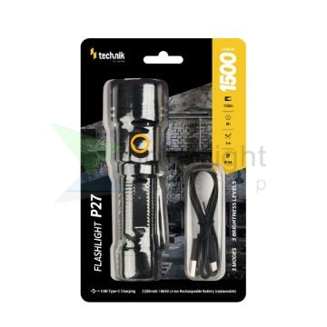 Technik Elemlámpa P27 (1x18650 2200mAh) 3XTE LED + USB-C (1500 lumen)