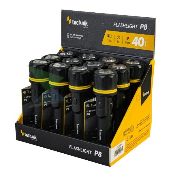 Technik Elemlámpa P8 (2xAA/nem tartozék) Gumírozott (40 lumen) 12db/display